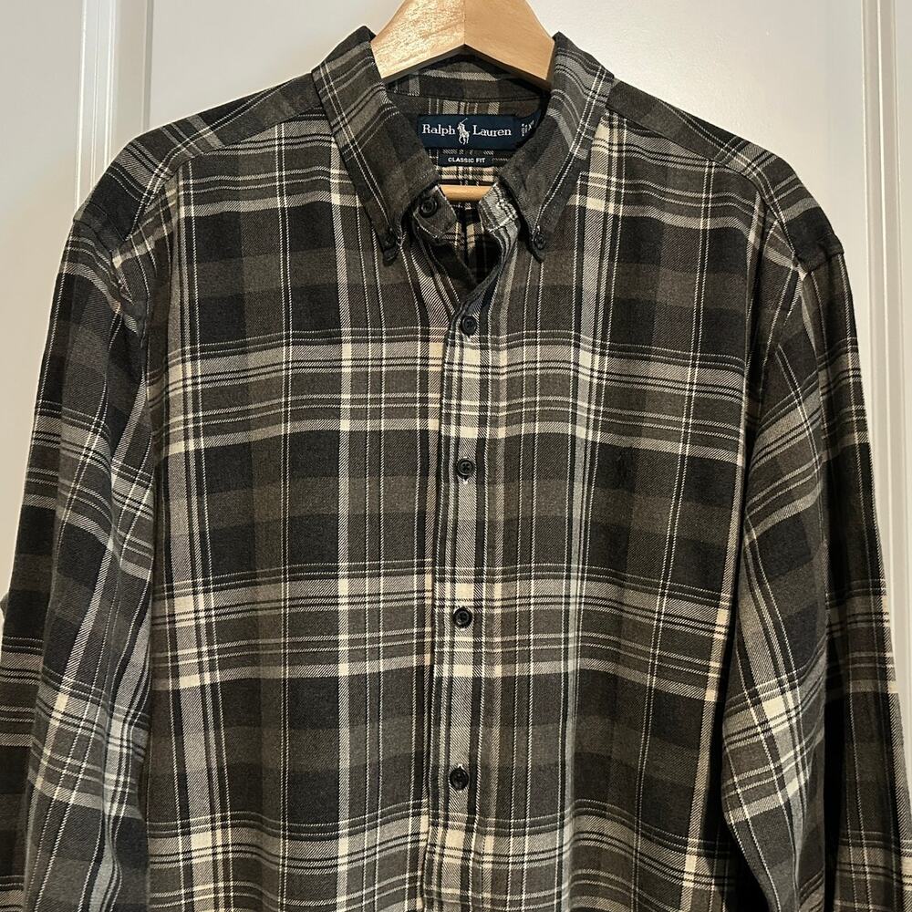Polo Ralph Lauren Classic Fit Plaid Flannel Shirt Men's XL Gray Black Cream